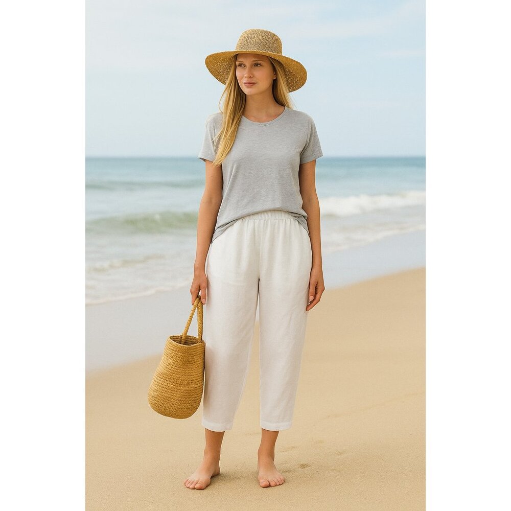 NWT Eileen Fisher Organic Linen Pleated Lantern Ankle in White Pants PL